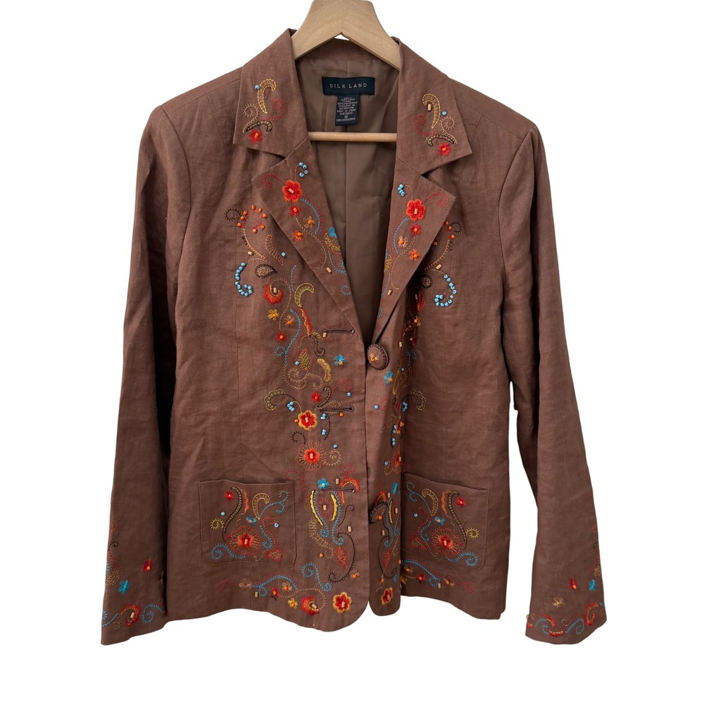 Silk Land Brown Embroidered Linen Blazer